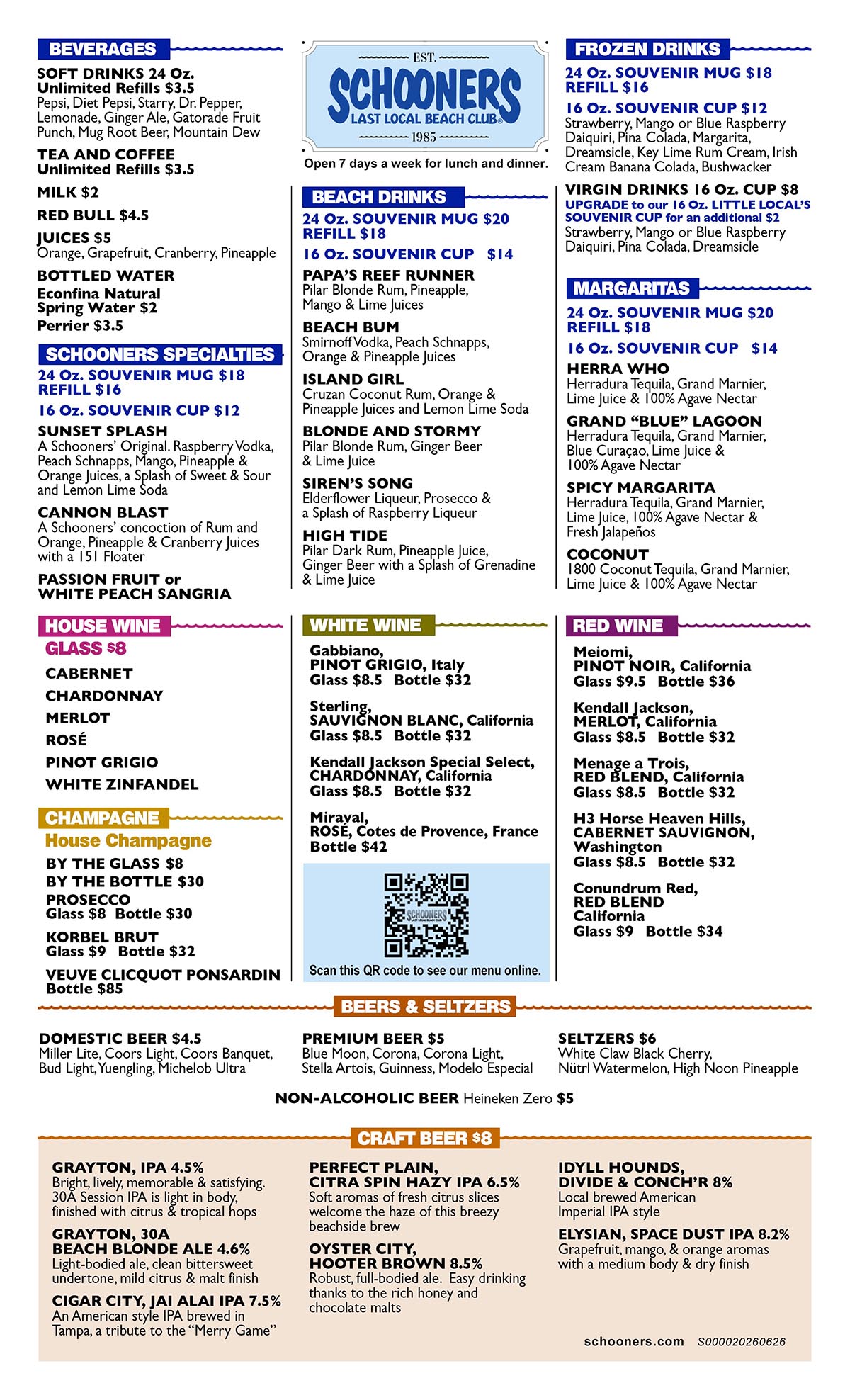 Schooners Menu