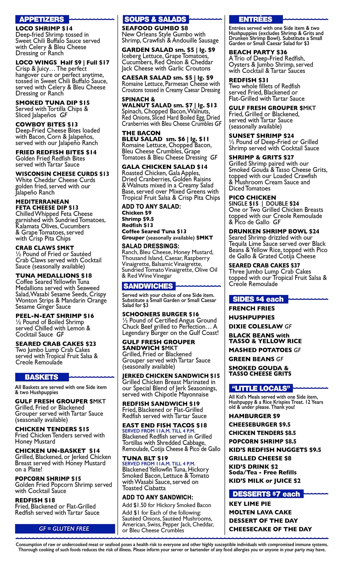 Schooners Menu