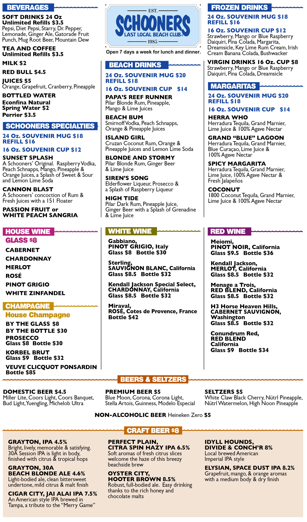 Schooners Menu